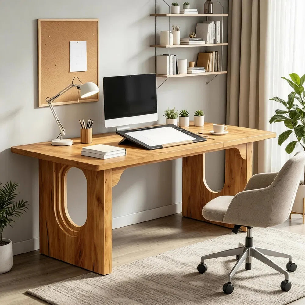 Natural Brown executive desk with two pedestal supports, shown in a home office