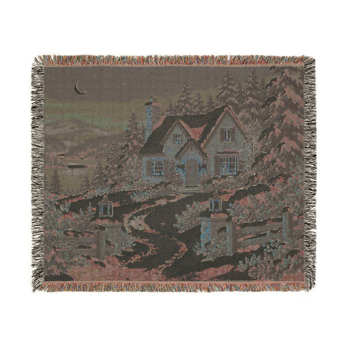 Winter Lantern Cottage — Woven Throw Blanket