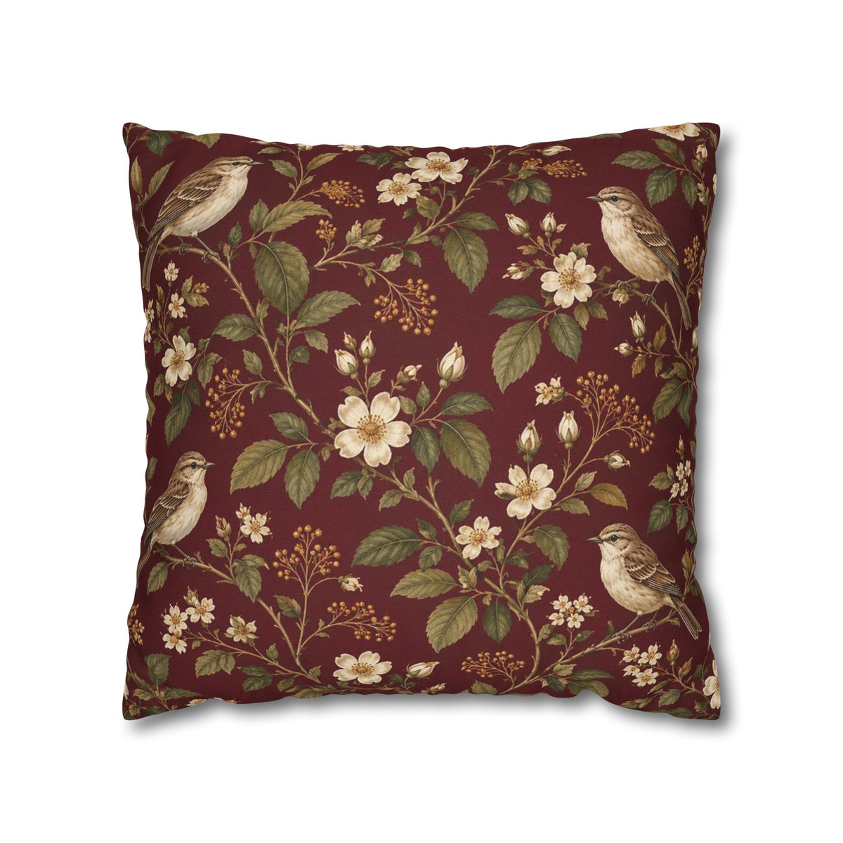 Burgundy Songbird Victorian Botanical Pillow Cover — 18 × 18 in