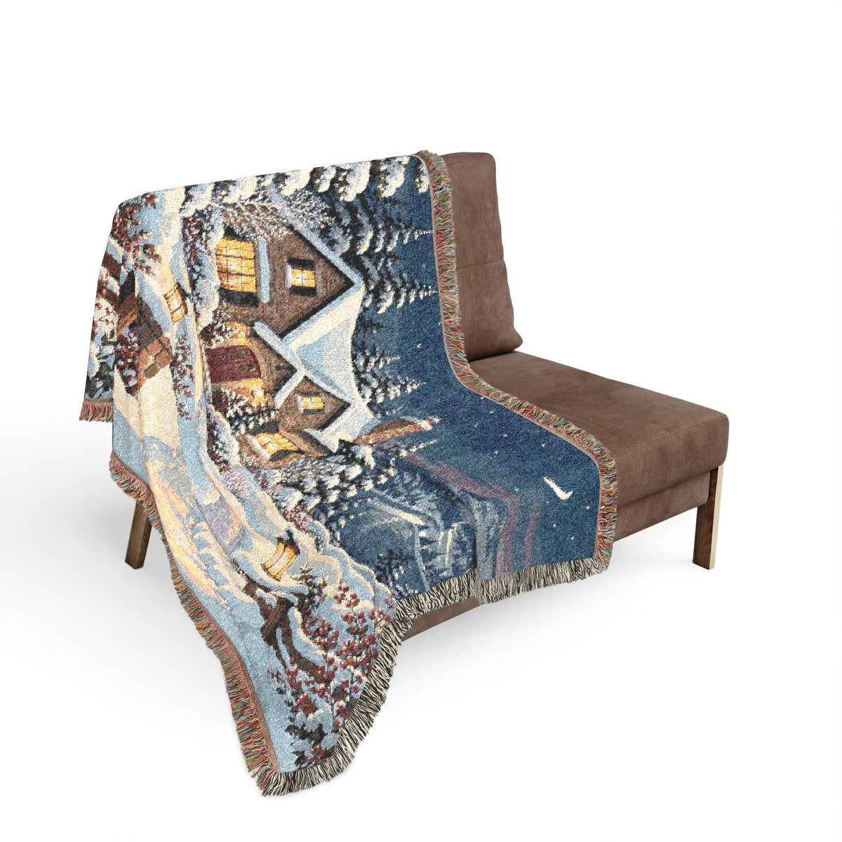 Winter Lantern Cottage — Woven Throw Blanket