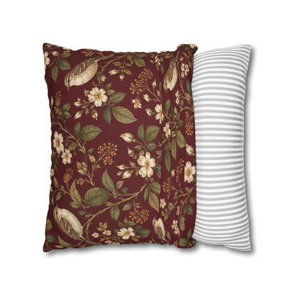 Burgundy Songbird Victorian Botanical Pillow Cover — 18 × 18 in
