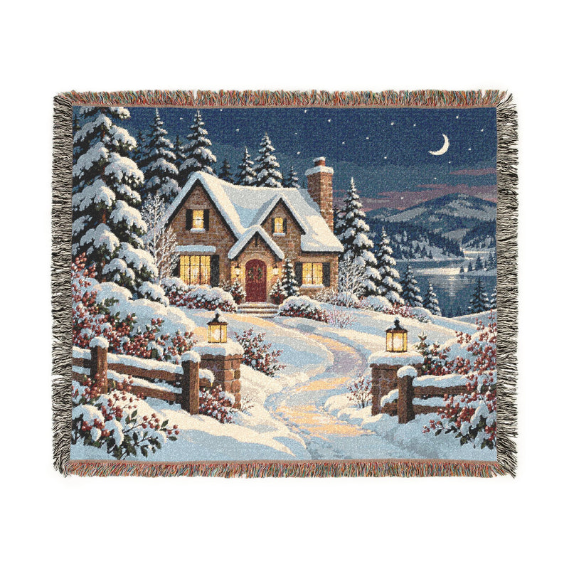 Winter Lantern Cottage — Woven Throw Blanket