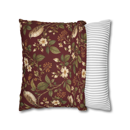 Burgundy Songbird Victorian Botanical Pillow Cover — 18 × 18 in