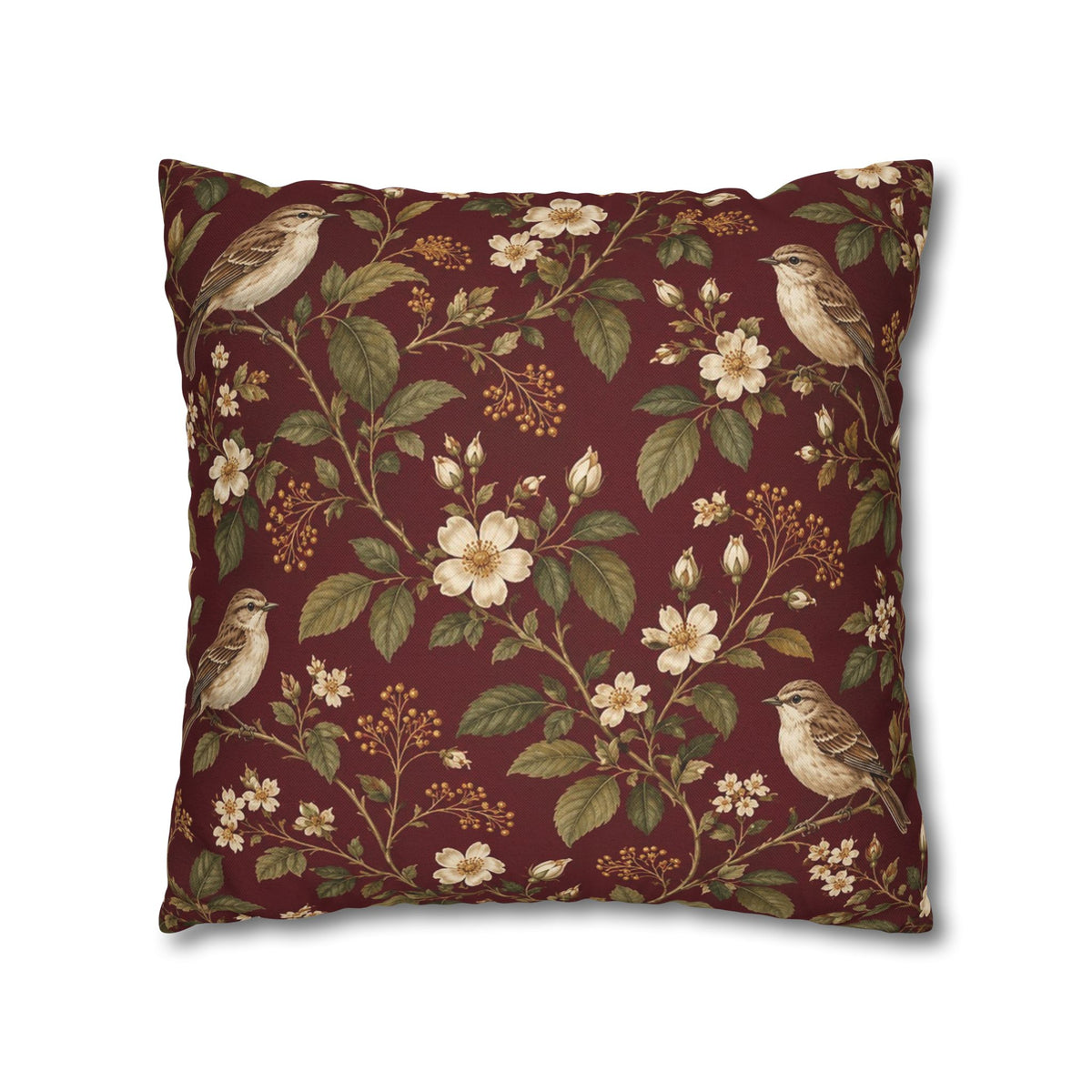 Burgundy Songbird Victorian Botanical Pillow Cover — 18 × 18 in