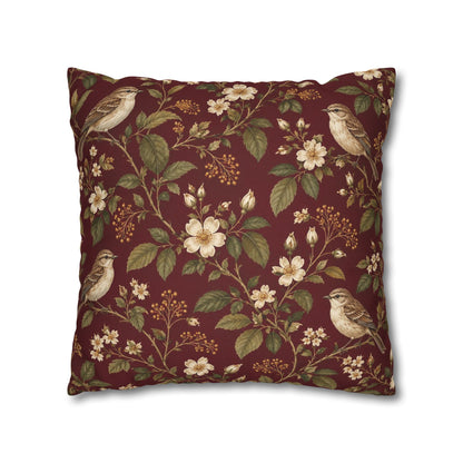 Burgundy Songbird Victorian Botanical Pillow Cover — 18 × 18 in