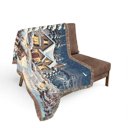 Winter Lantern Cottage — Woven Throw Blanket